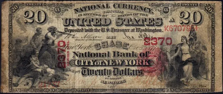 This image features an 1875 $20 New York National Banknote.