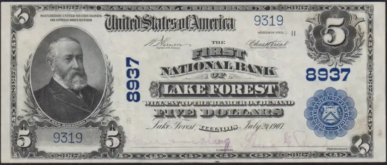 This image features an 1902 $5 Illinois National Banknote.