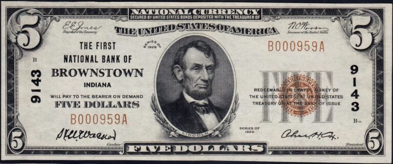 This image features an 1929 $5 Indiana National Banknote.