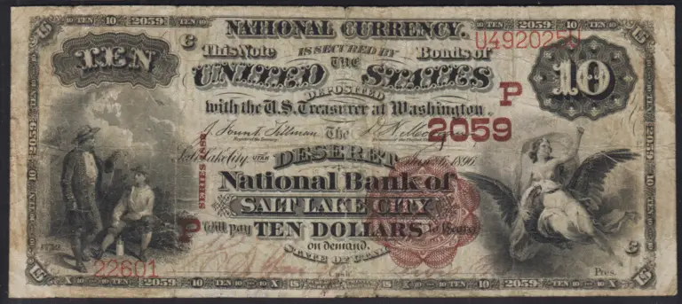 This image features an 1882 $10 Utah National Banknote.