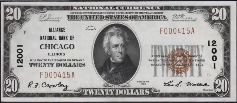 This image features an 1929 $20 Illinois National Banknote.
