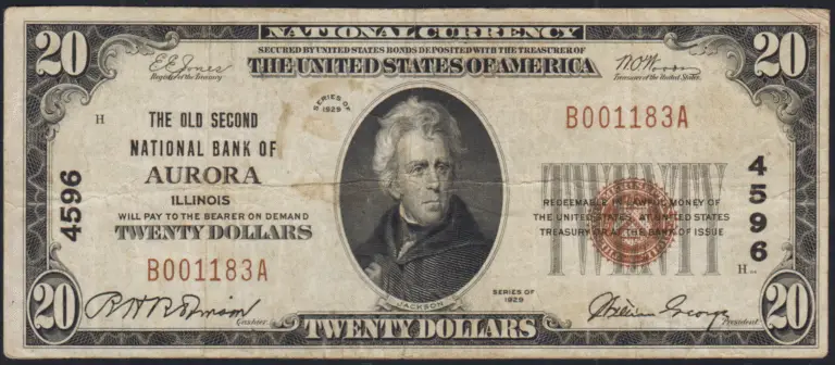 This image features an 1929 $20 Illinois National Banknote.