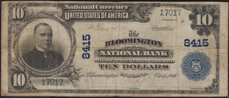 This image features an 1902 $10 Indiana National Banknote.