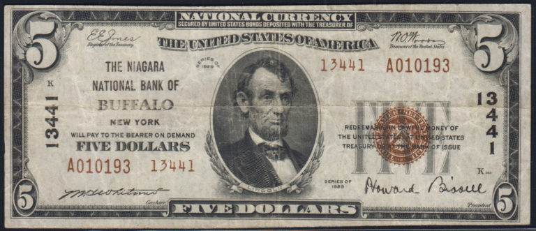 This image features an 1929 $5 New York National Banknote.
