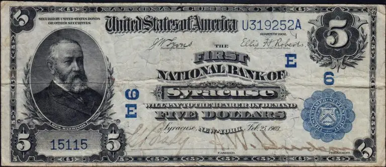 This image features an 1902 $5 New York National Banknote.