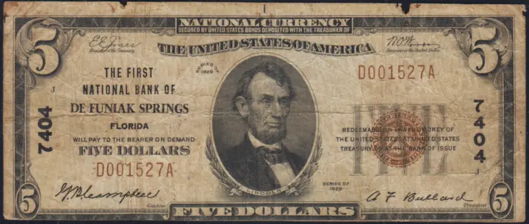 This image features an 1929 $5 Florida National Banknote.