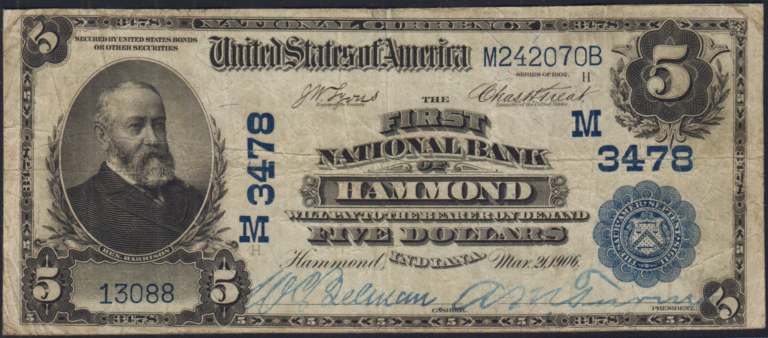 This image features an 1902 $5 Indiana National Banknote.
