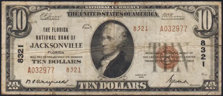 This image features an 1929 $10 Florida National Banknote.