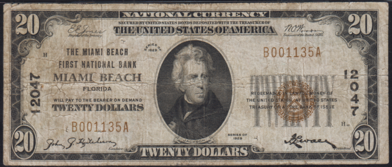 This image features an 1929 $20 Florida National Banknote.