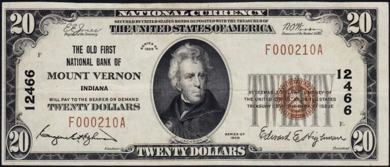 This image features an 1929 $20 Indiana National Banknote.