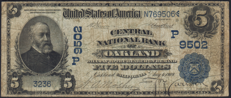 This image features an 1902 $5 California National Banknote.