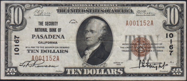 This image features an 1929 $10 California National Banknote.