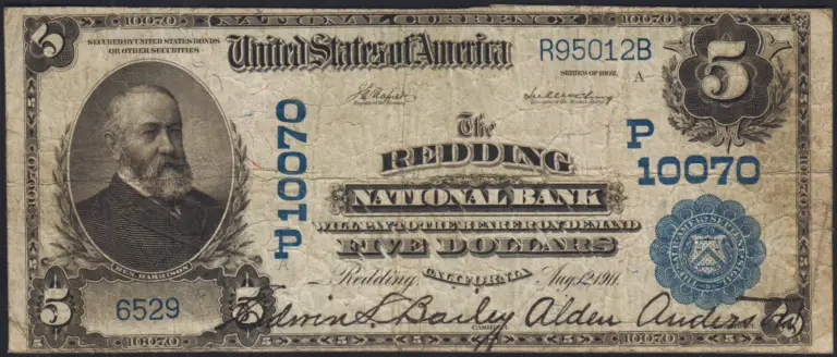This image features an 1902 $5 California National Banknote.