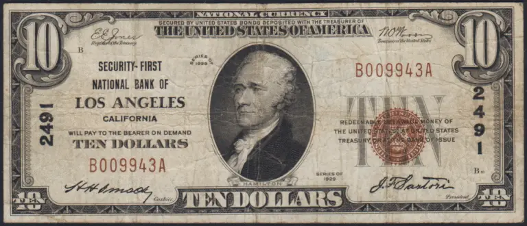 This image features an 1929 $10 California National Banknote.