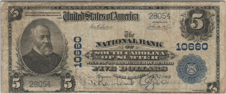 This image features an 1902 $5 South Carolina National Banknote.
