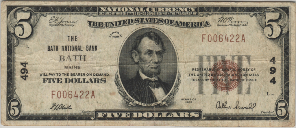 This image features an 1929 $5 Maine National Banknote.