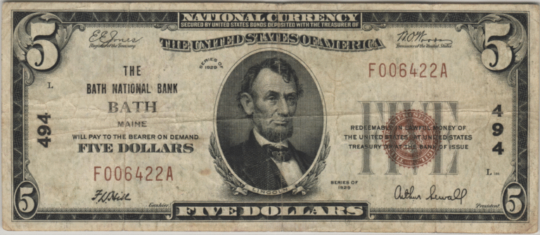 This image features an 1929 $5 Maine National Banknote.