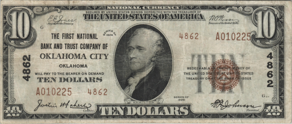 This image features an 1929 $10 Oklahoma National Banknote.