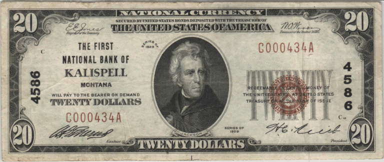 This image features an 1929 $20 Montana National Banknote.