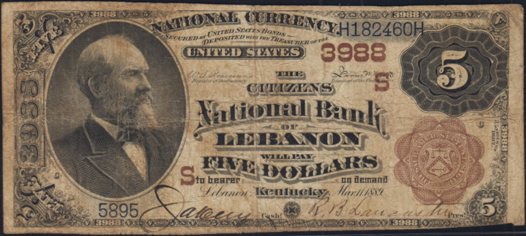 This image features an 1882 $5 Kentucky National Banknote.