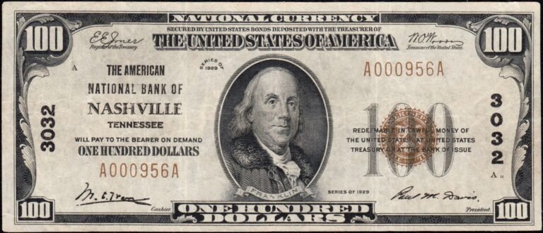 This image features an 1929 $100 Tennessee National Banknote.