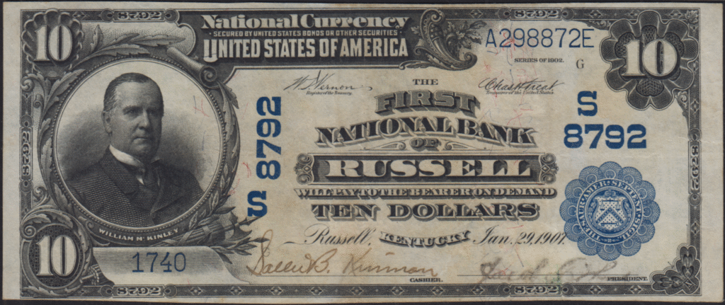 This image features an 1902 $10 Kentucky National Banknote.