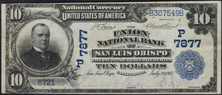 This image features an 1902 $10 California National Banknote.