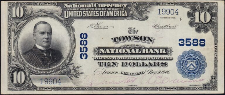 This image features an 1902 $10 Maryland National Banknote.