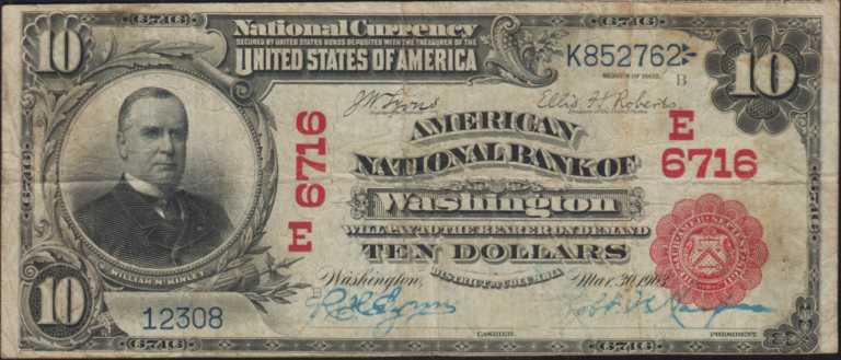 This image features an 1902 $10 Washington, D.C. National Banknote.