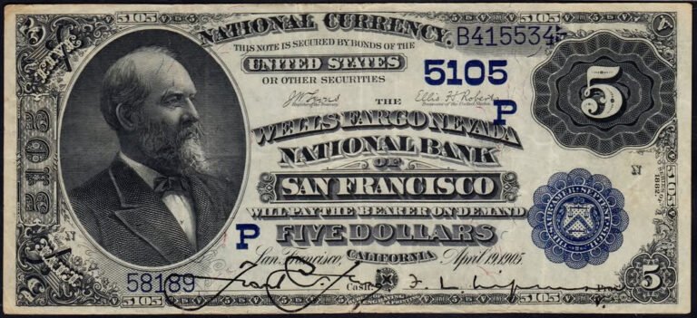 This image features an 1882 $5 California National Banknote.