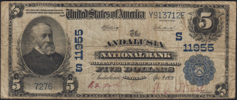This image features an 1902 $5 Alabama National Banknote.
