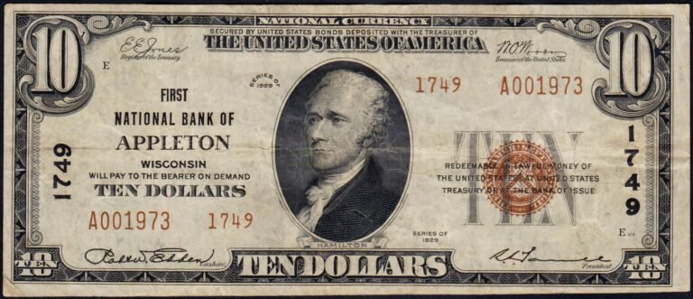 This image features an 1929 $10 Wisconsin National Banknote.