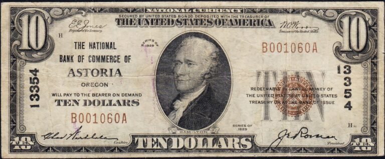 This image features an 1929 $10 Oregon National Banknote.