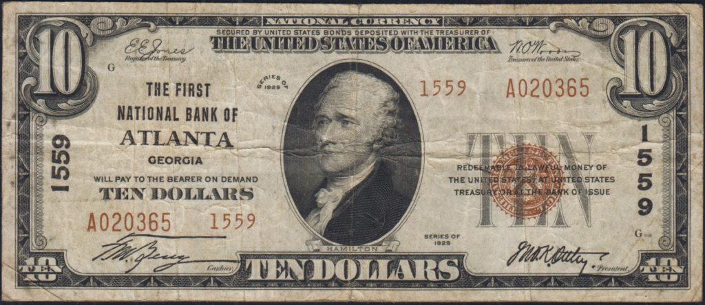 This image features an 1929 $10 Georgia National Banknote.