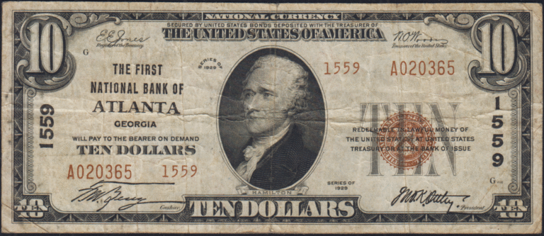 This image features an 1929 $10 Georgia National Banknote.
