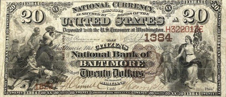 This image features an 1882 $20 Maryland National Banknote.