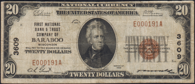 This image features an 1929 $20 Wisconsin National Banknote.