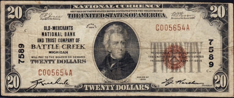 This image features an 1929 $20 Michigan National Banknote.