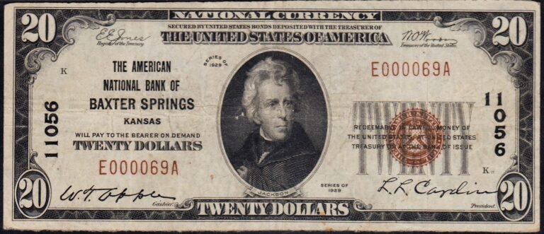 This image features an 1929 $20 Kansas National Banknote.