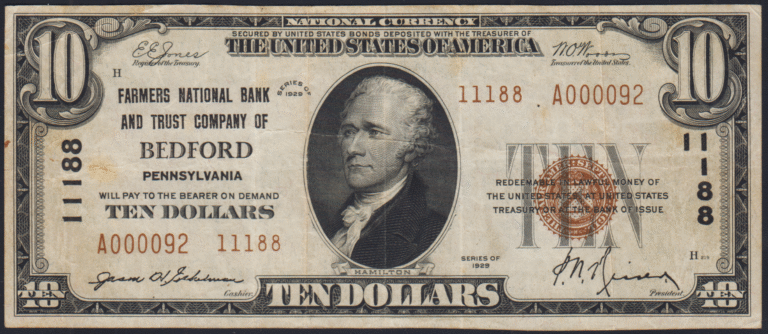 This image features an 1929 $10 Pennsylvania National Banknote.