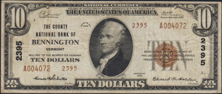 This image features an 1929 $10 Vermont National Banknote.