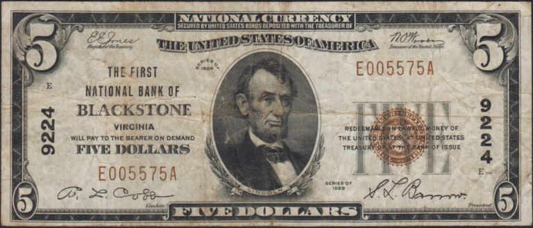 This image features an 1929 $5 Virginia National Banknote.