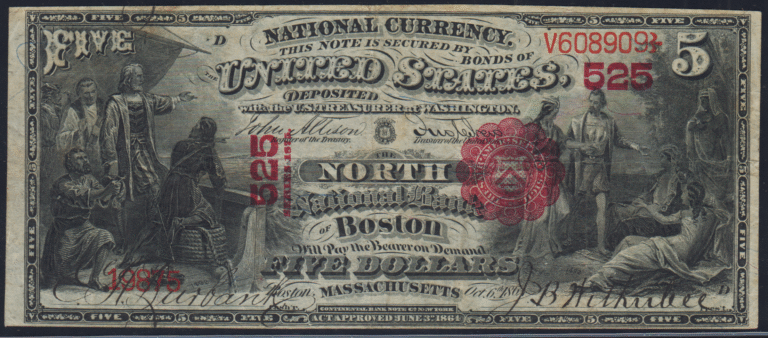 This image features an 1875 $5 Massachusetts National Banknote.
