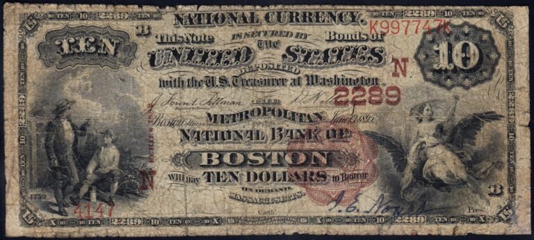 This image features an 1882 $10 Massachusetts National Banknote.