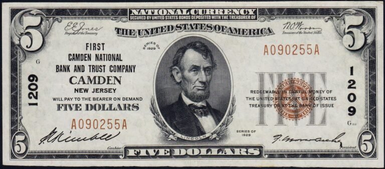 This image features an 1929 $5 New Jersey National Banknote.