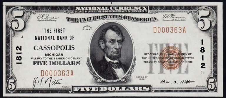 This image features an 1929 $5 Michigan National Banknote.