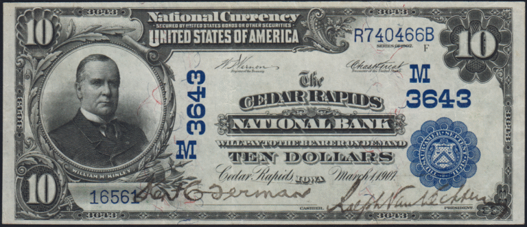 This image features an 1902 $10 Iowa National Banknote.