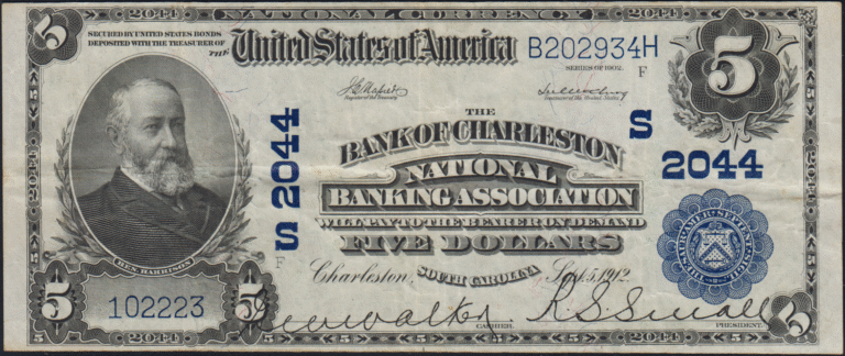 This image features an 1902 $5 South Carolina National Banknote