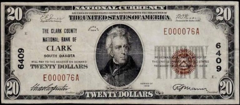 This image features an 1929 $20 South Dakota National Banknote.