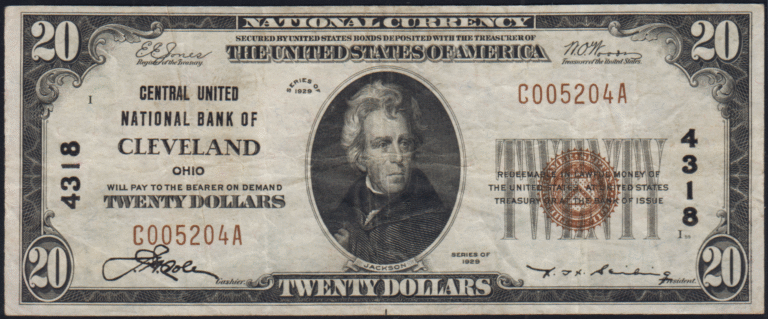 This image features an 1929 $20 Ohio National Banknote.